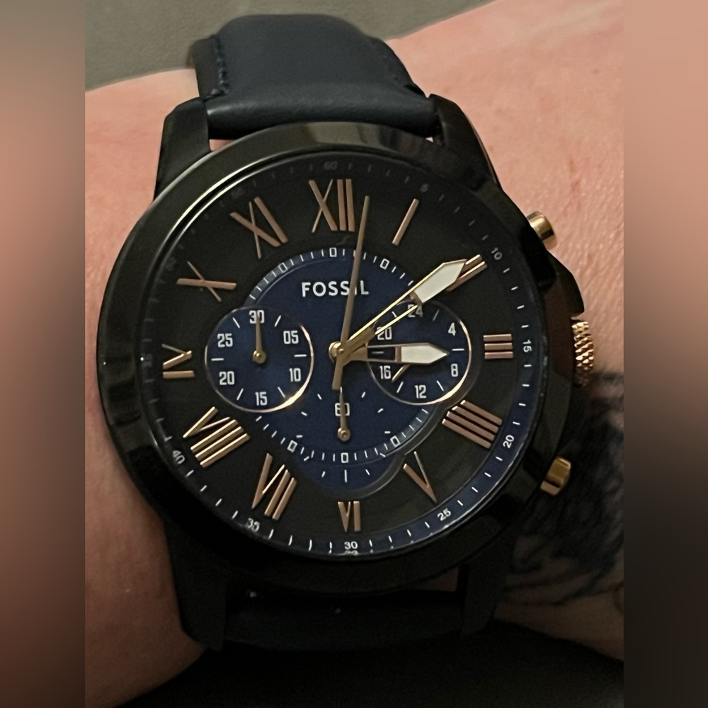 Grant Chronograph Navy Blue Leather Fossil Watch. With Gold Roman Numerals